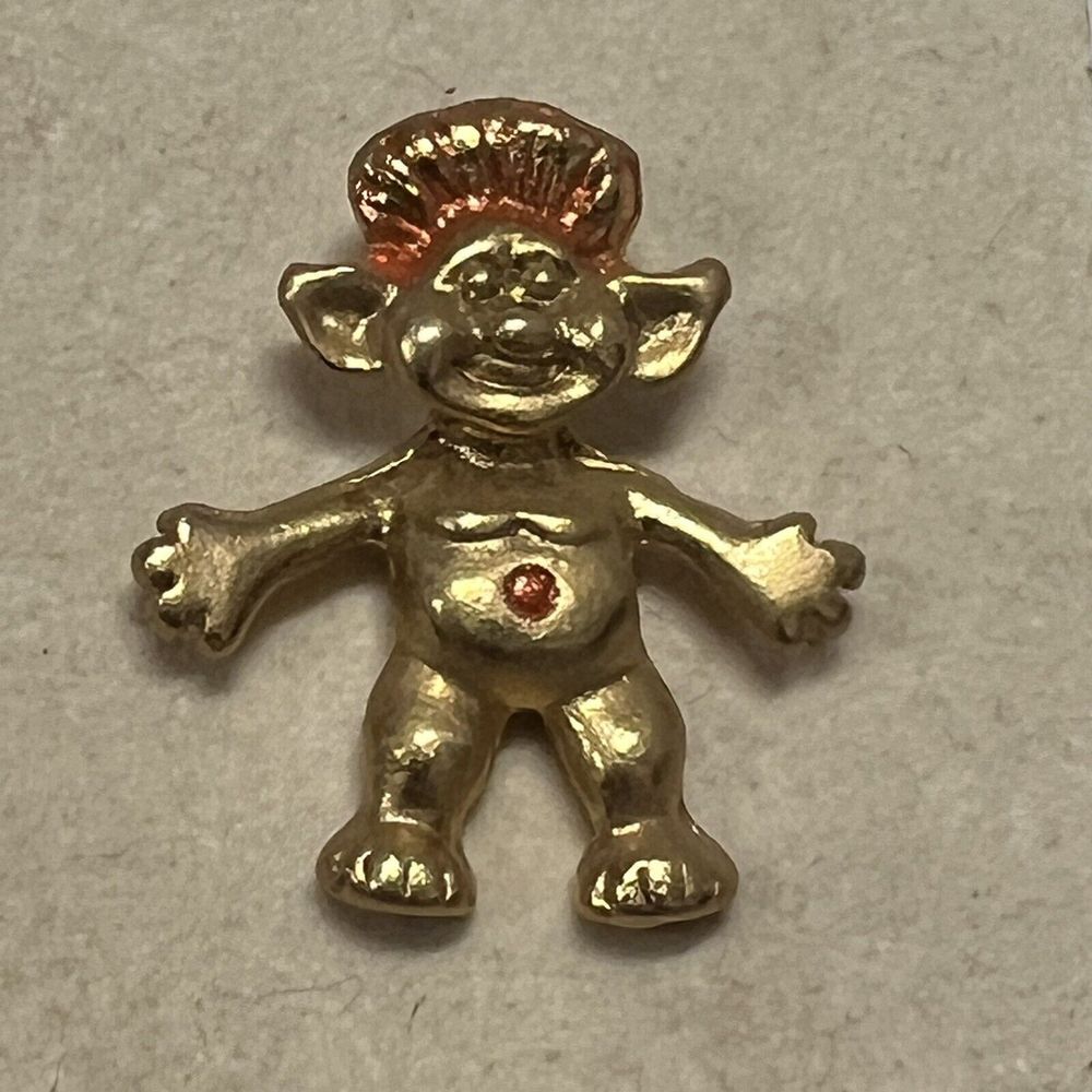 Vintage Troll Doll Toy Mystic Creature Small Gold Tone Red Enamel Lapel Pin Tie